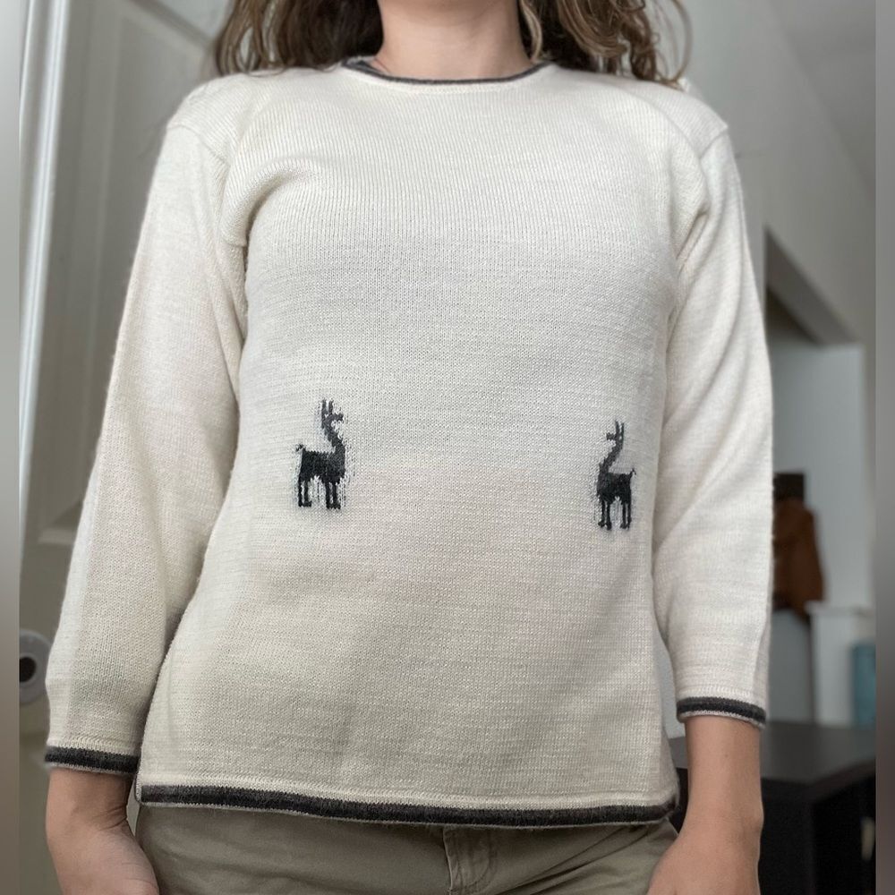 Vintage 70s Alpaca Wool Crewneck Sweater Contrast Stitch Alpacas Sz Small